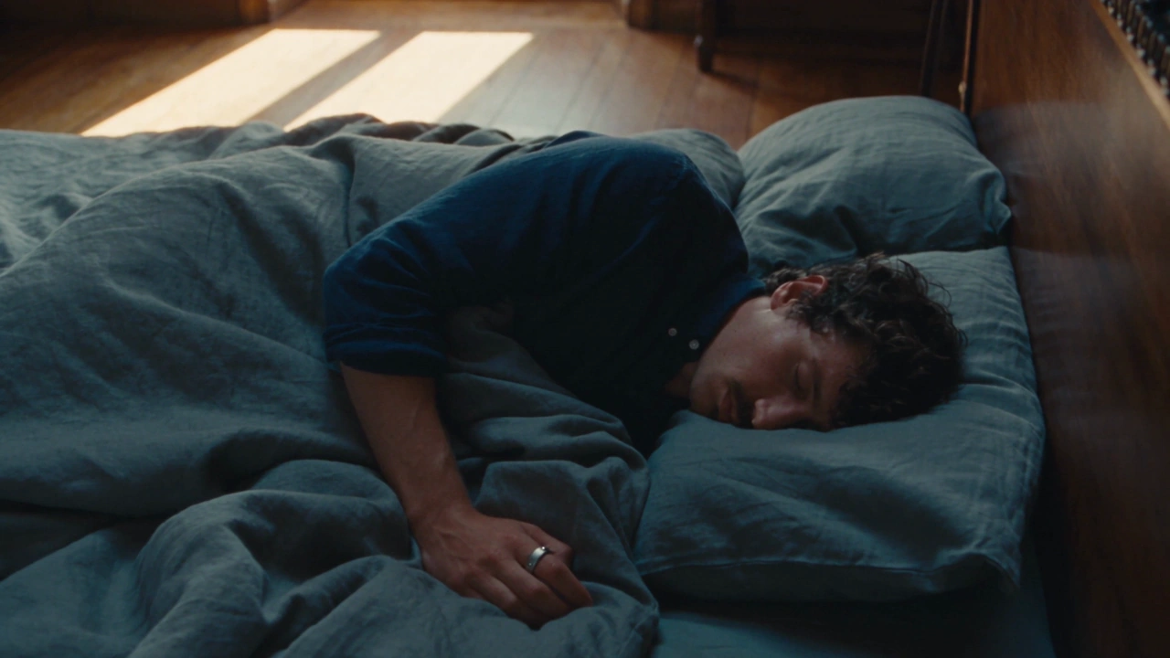 A man asleep under blue linen in morning light, with Interface on his relaxed right index finger