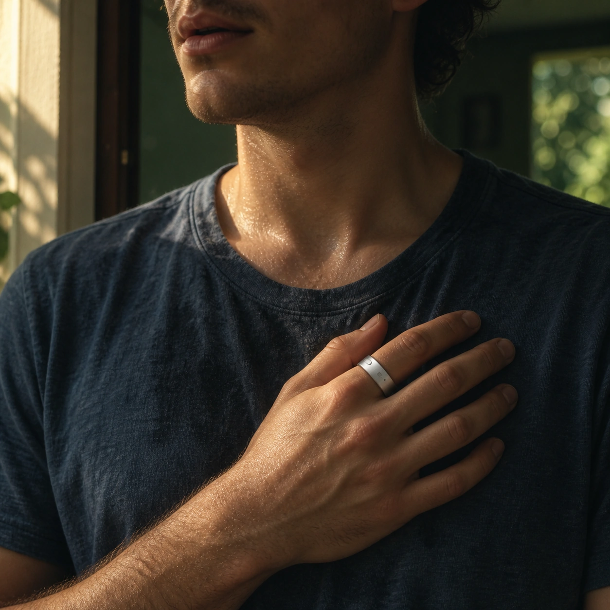 A runner recovering his breath, his ring-wearing right hand resting lightly on his chest in window light