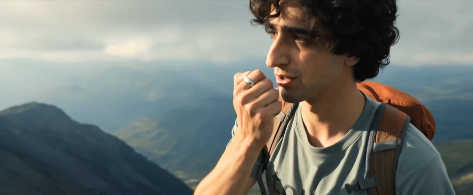 A hiker speaks to Interface in the mountains, in a frame from the teaser