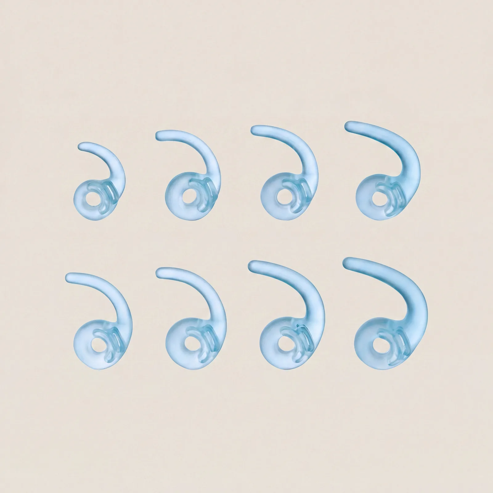 Eight silicone ear-hook sizes, fit system kit