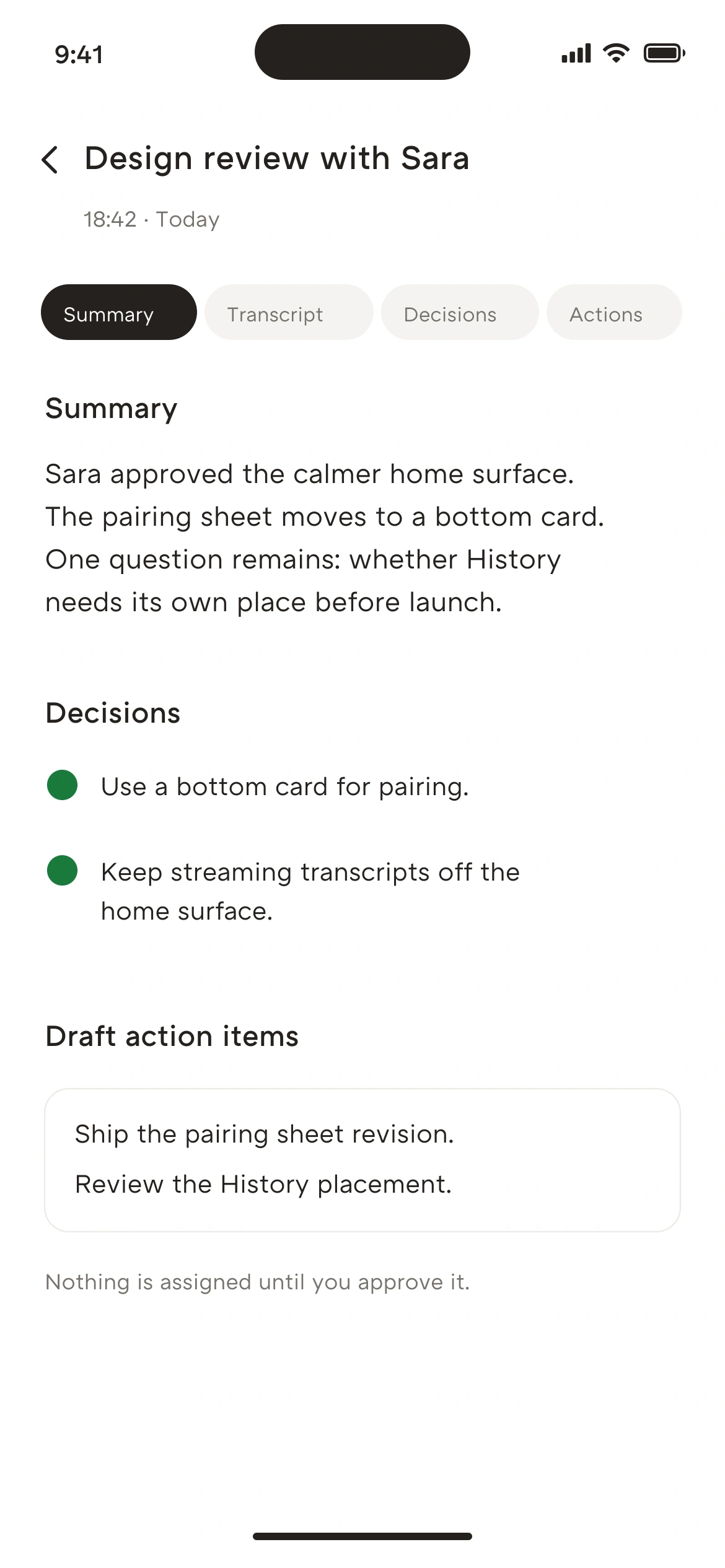 A completed meeting summary in NatureOS