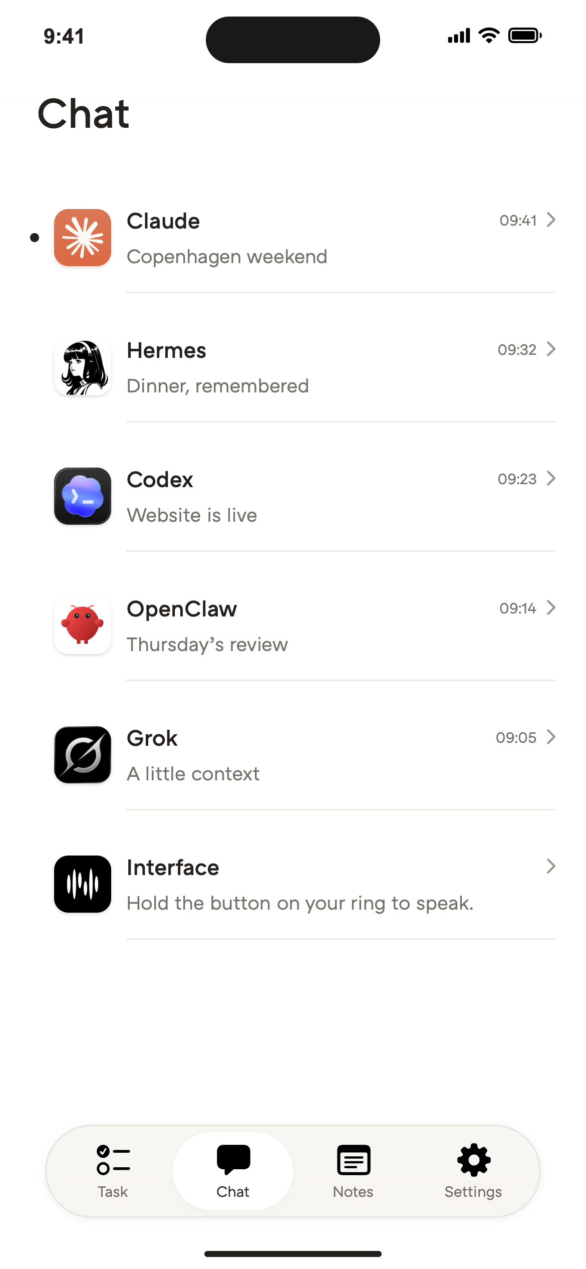 The current Interface iPhone app showing conversations with connected agents